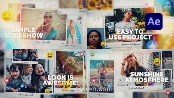 漏光效果带社交媒体表情符号动画甜蜜回忆照片相册-AE模板