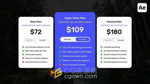 AE模板-定价和计划比较图表方案对比会员套餐服务页面