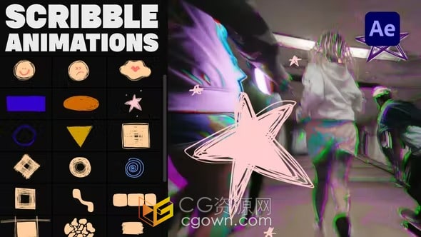 为抖音小视频制作添加卡通涂鸦元素图形动画AE模板