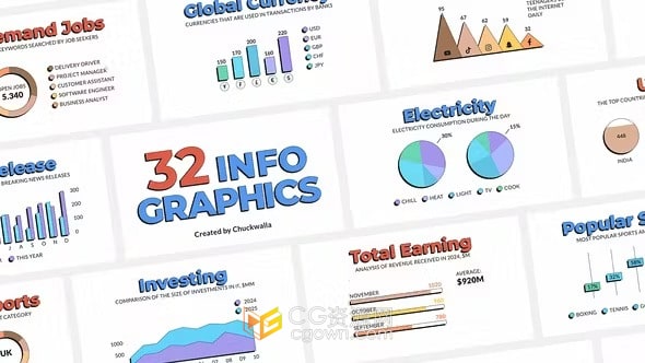 32个信息图表场景含饼图水平垂直比较图填充线图等多种类型-AE模板
