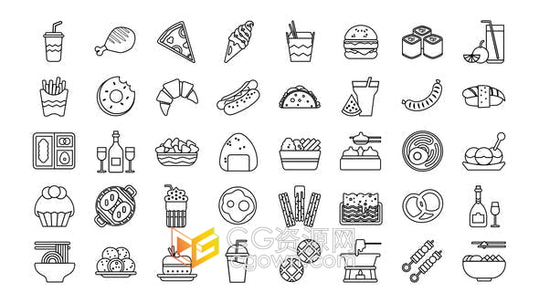 AE模板-40个动画食品和饮料线图标Icons视频素材