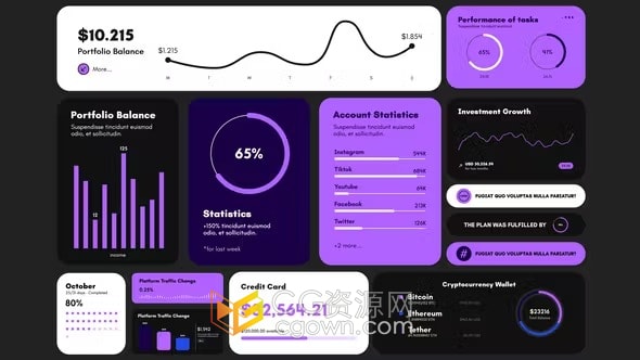 AE模板-14种现代金融企业数据统计分析信息图表演示