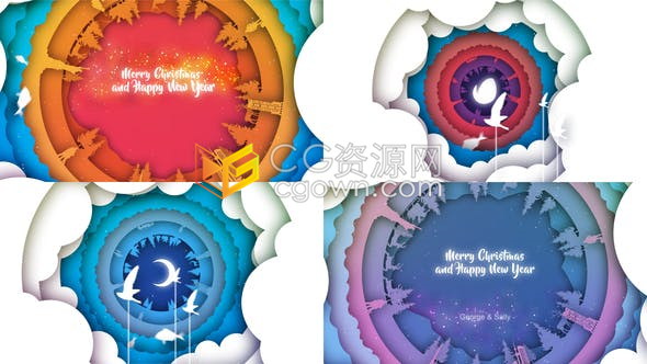 AE模板制作漂亮个性化视频节日贺卡节日快乐剪纸卡片动画