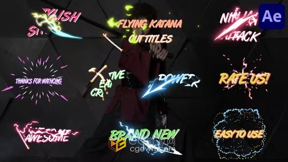 动漫飞行武士刀剪辑字幕卡通文字动画-AE标题模板