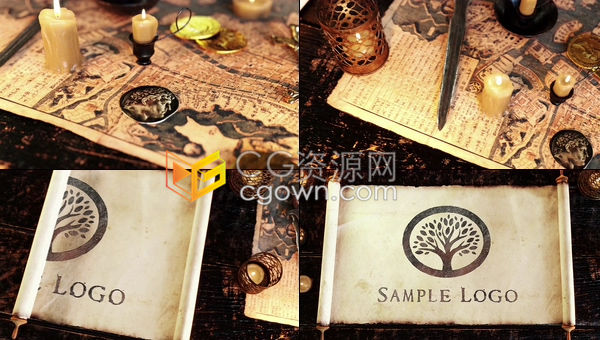 AE模板老式羊皮纸卷轴摊开揭示神秘历史纪录片战争题材电影片名复古标志片头