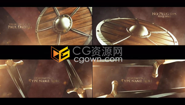 AE模板-金属感头盔盾牌古剑背景动画展示惊艳而古老的电影标题