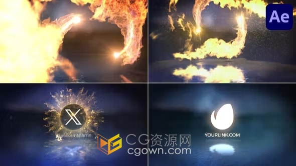 AE模板-逼真火焰飞过水面碰撞并产生爆炸露出标志震撼片头