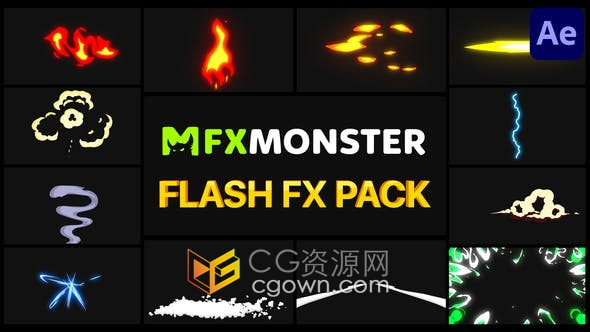 AE模板-Flash FX Pack 12种卡通火焰能量闪光烟雾叠加素材