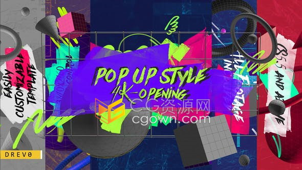 AE模板-POP UP样式开场水彩涂鸦风格3D几何形状展示益智启蒙类宣传标题片头