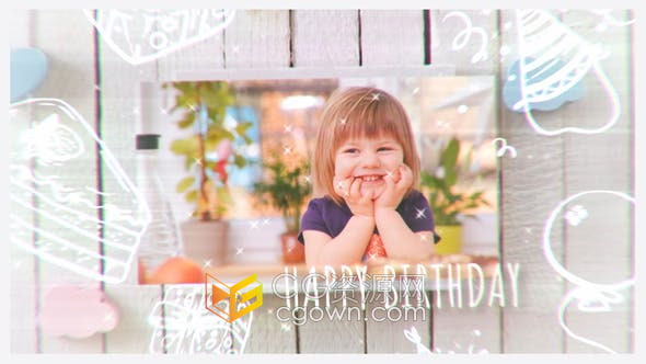 AE模板-生日快乐儿童照片白色帆布相框手绘插图视频相册动画