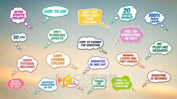 AE模板-20个语音气泡对话标题元素儿童节目卡通视频演讲喜剧想法引用泡泡动画