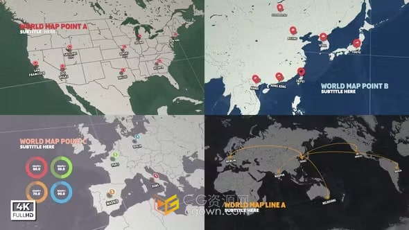 AE模板-3D世界地图全球商业布局互联网技术旅行路线信息图