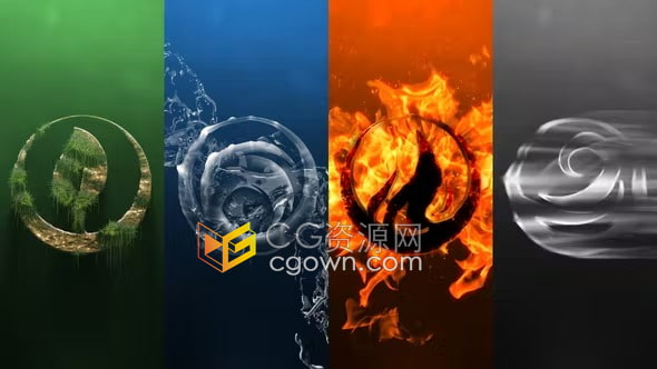 AE模板-自然界四大元素风火水地剪影风格特效标志动画流体火焰风水片头