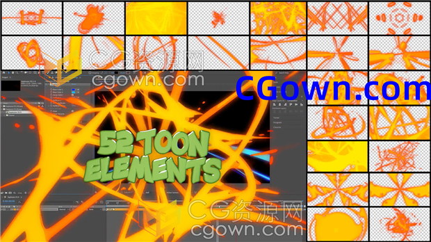 AE模板-第三套52组2D图形卡通风格能量爆炸FX元素动画4096×2160