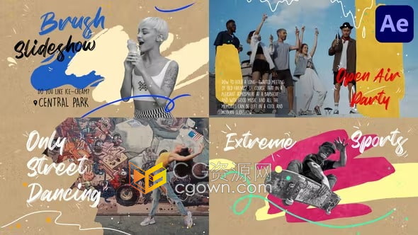 艺术画笔多彩水墨笔刷效果效果照片幻灯片-AE相册模板