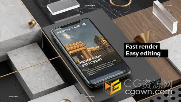 AE模板-Phone 11 Pro应用演示样机10个渲染3D场景展示APP应用程序广告