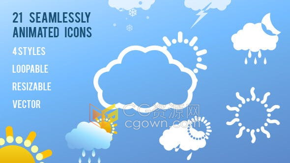 AE模板-21个动态天气图标动画晴天下雨下雪风暴强度解说Icons