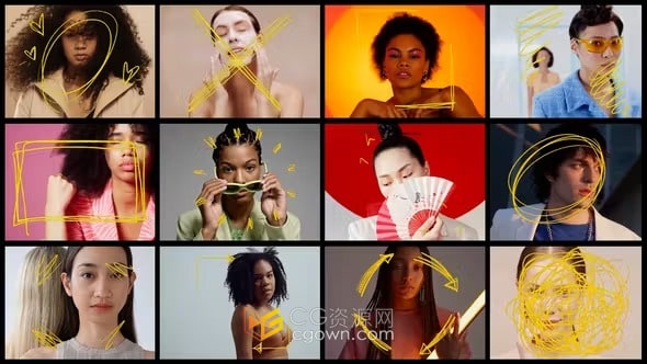 AE模板-多屏拼贴场景手绘边框涂鸦元素动画