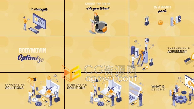 AE模板-行业发展合作企业扩展壮大概念介绍等距图形动画效果视频