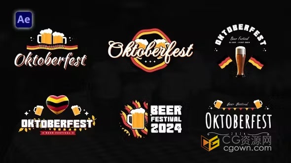 慕尼黑啤酒节标题包6个卡通酒吧宣传啤酒节活动文本元素-AE模板
