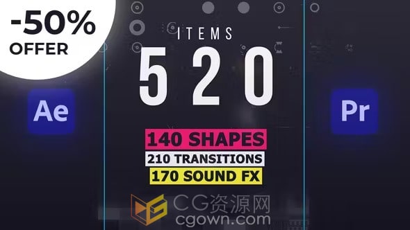 AE与PR脚本形状元素动画预设库140个MG动画210种转场170种音效