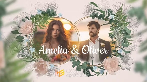 AE模板-枝蔓藤叶花卉绽放动画浪漫照片婚礼请柬宴会邀请函