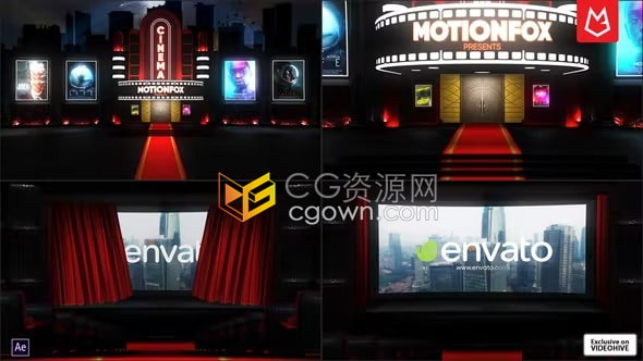 AE模板-3D影院剧院舞台红地毯场景窗帘幕布揭开颁奖典礼标志表演开场