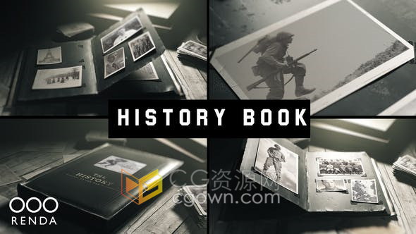 AE模板-复古旧3D书籍翻页动画回顾历史战争照片幻灯片专辑视频