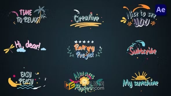 Colorful Lyric titles AE模板9种设计多彩歌词标题字幕动画