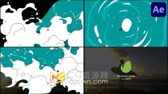 AE模板-卡通清新波浪标志品牌广告频道介绍片头动画