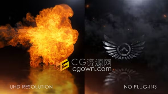 AE模板-火焰和烟雾环境揭示钢铁材质金属纹理标志反射文字动画