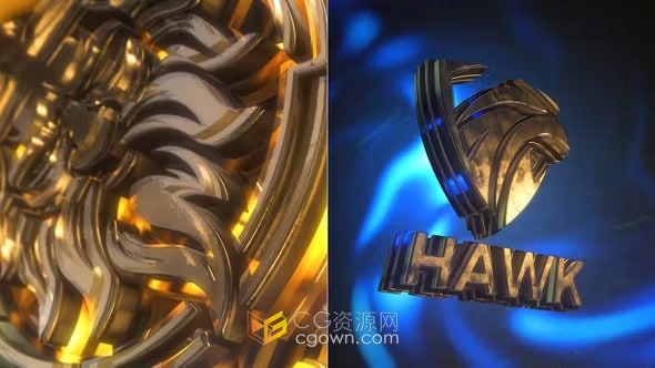 AE模板-3D金色玻璃标志神秘金属质感游戏LOGO