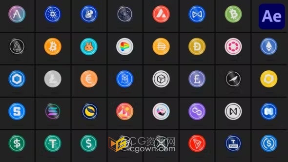 AE模板-40 Cryptocurrencies 旋转3D加密货币动画图标