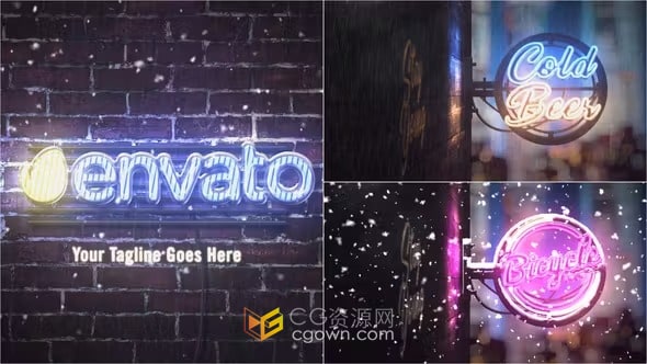 满屏雪花飞絮/闪电雨滴掉落场景夜店酒吧霓虹灯标志-AE模板