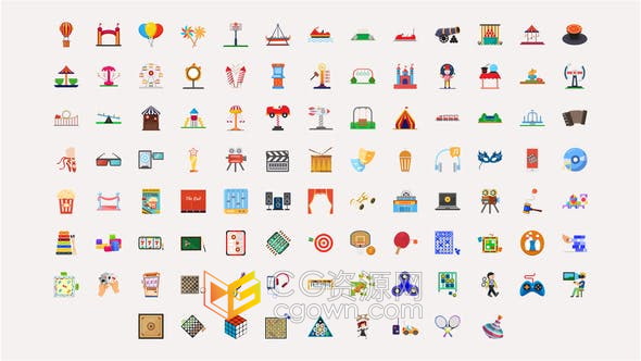 AE模板-100 Fun Activities Icons嘉年华活动儿童假期马戏团假期公园图标动画