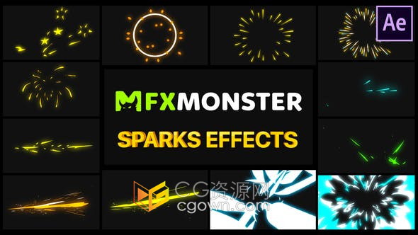 12组酷酷火花爆炸喷射卡通图形元素动画视频素材-AE模板