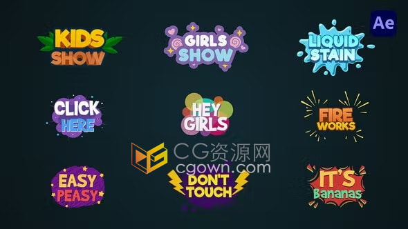 9组设计彩色卡通片名文字标题动画效果AE模板下载
