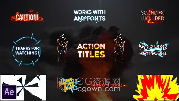 卡通火焰能量爆炸发光手绘图形元素文字动画视频字幕效果-AE模板