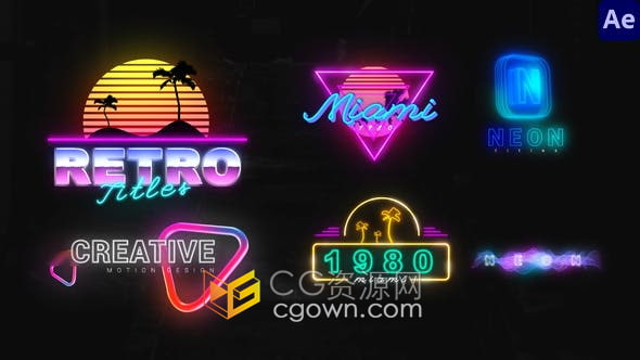 AE模板-Neon Creative Titles 80年代怀旧霓虹灯日落赛博朋克视频字幕标题