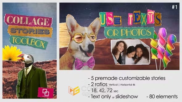 80个拼贴元素背景动物人物物体动画叠加效果AE模板