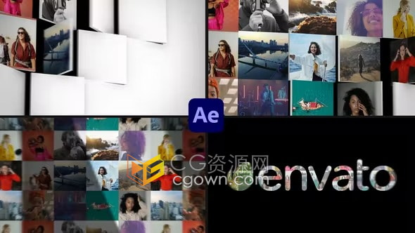 AE模板-开场式时尚片头马赛克3D翻转多屏照片墙LOGO动画