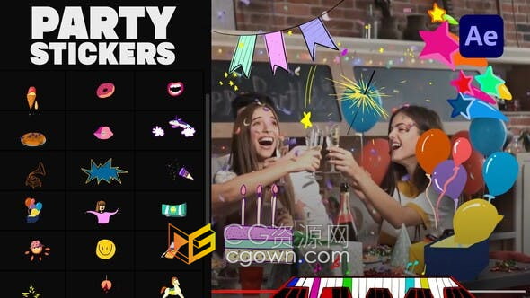 AE模板-30组手绘动画卡通图形派对贴纸元素视频效果