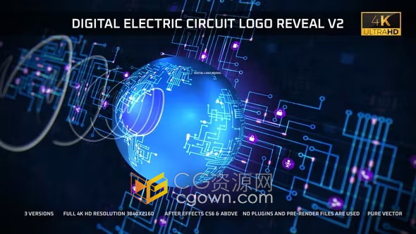 AE模板-电路线电源动画数字电路3D霓虹灯标志展示