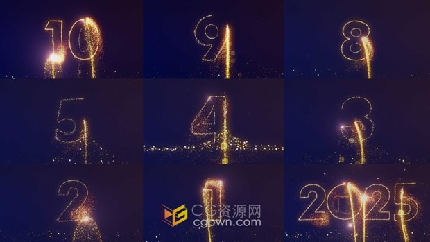 闪闪发光粒子火花线条绘制2025年10秒数字倒计时-AE模板倒数片头