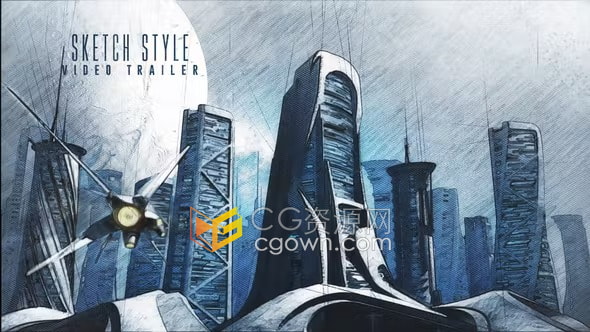 未来城市建筑素描风格动画摩天大楼宇宙飞船宣传视频AE模板