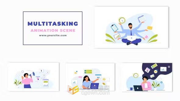 多任务员工人物演示MG动画平面场景效果AE模板