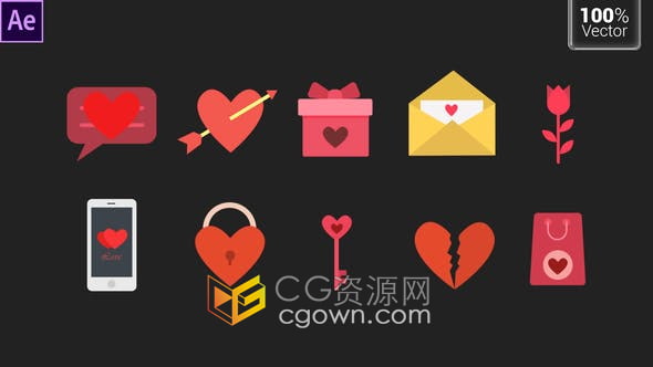 AE模板-13 Love Icons爱情图标动画包心形信件聊天约会等