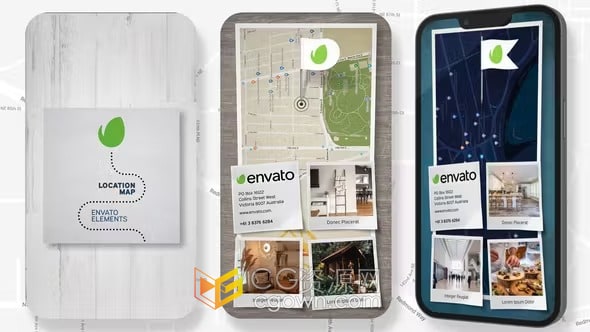 手机端竖屏展示3D地图纸动画图钉路径位置标记-AE模板