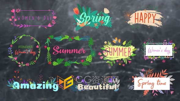 AE模板-10组花朵藤条元素插画文字标题视频字幕动画