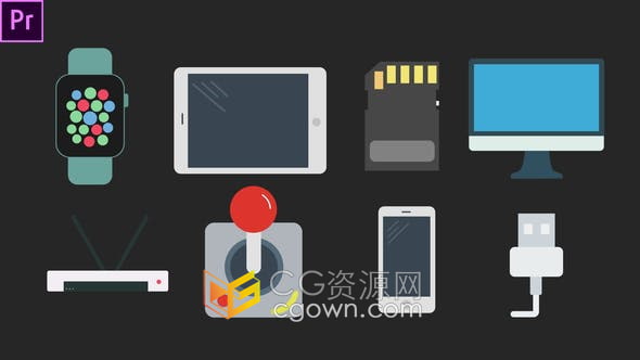 AE模板-10个科技图标动画有USB、存储卡、街机、智能手机、智能手表